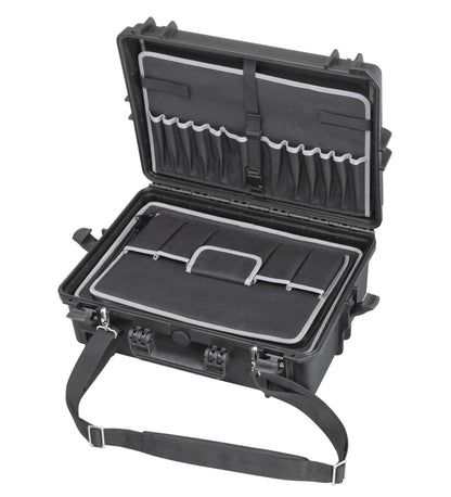 The MAX505TC Tool Case is a hard-shell black polypropylene case with a shoulder strap, featuring padded interior compartments and multiple pockets for organized, reliable tool storage.