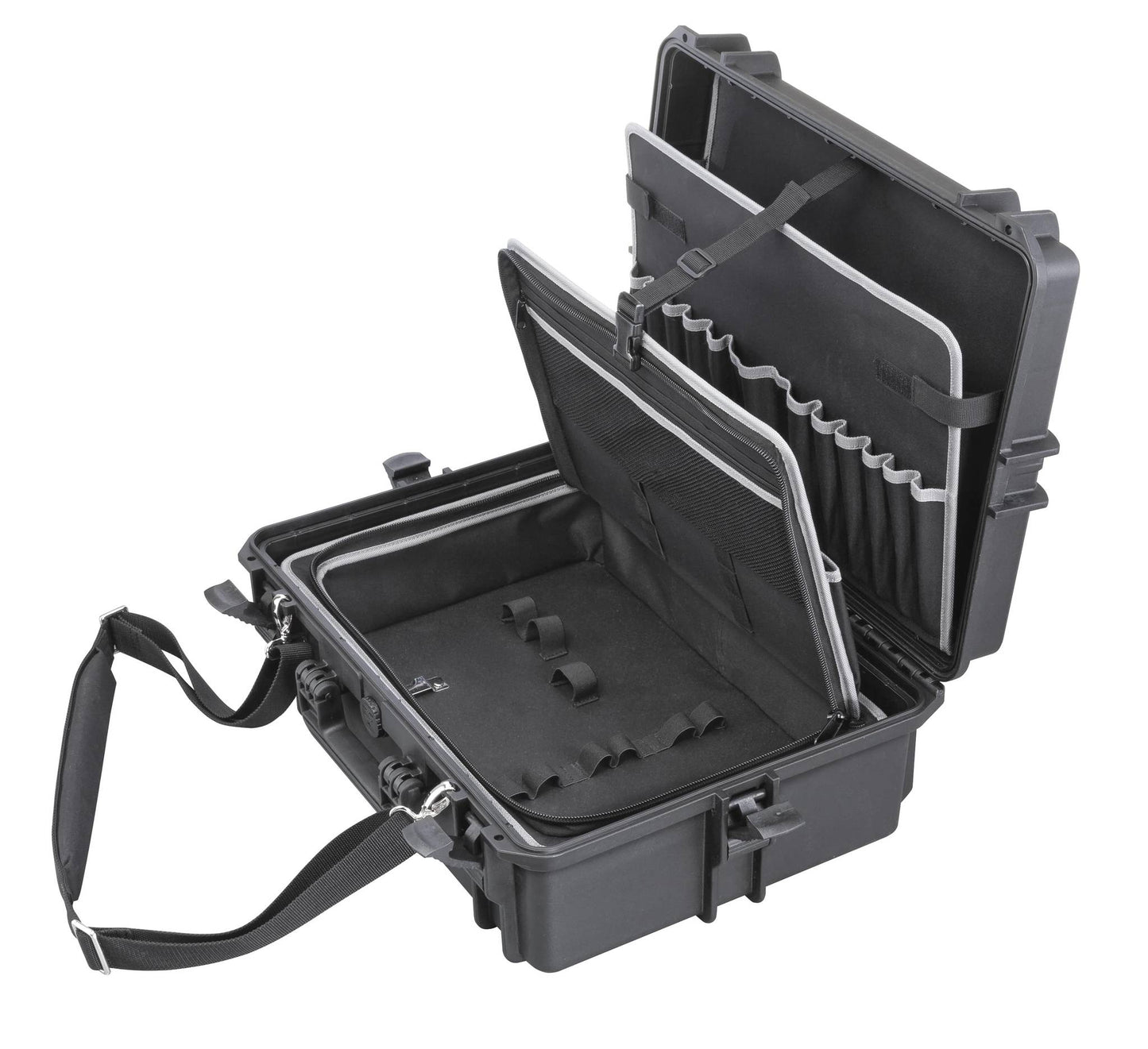 The MAX505TC Tool Case is a hard-shell black polypropylene case with a shoulder strap, featuring padded compartments, slots, and dividers for organizing equipment or electronics.