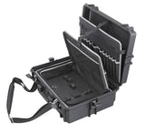 The MAX505TC Tool Case is a hard-shell black polypropylene case with a shoulder strap, featuring padded compartments, slots, and dividers for organizing equipment or electronics.