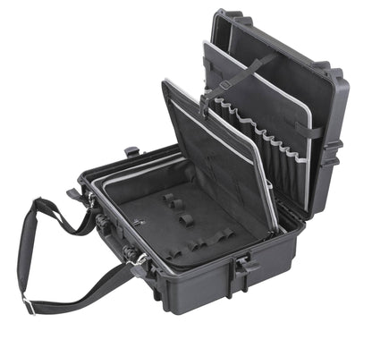The MAX505TC Tool Case is a hard-shell black polypropylene case with a shoulder strap, featuring padded compartments, slots, and dividers for organizing equipment or electronics.