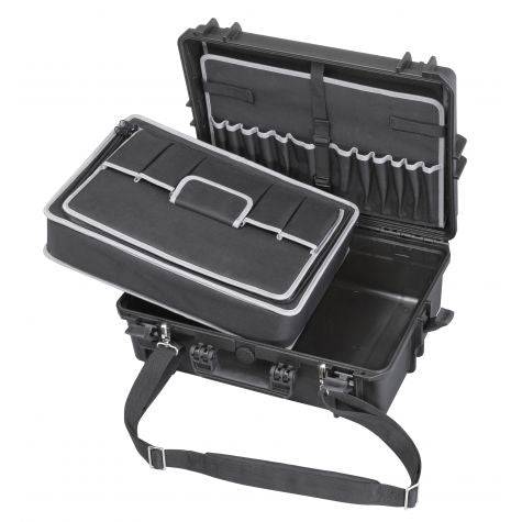 The MAX505TC Tool Case is a black hard-shell polypropylene case with an open lid, organized compartments, pockets, and a removable tray for efficient tool storage.