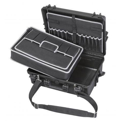 The MAX505TC Tool Case is a black hard-shell polypropylene case with an open lid, organized compartments, pockets, and a removable tray for efficient tool storage.