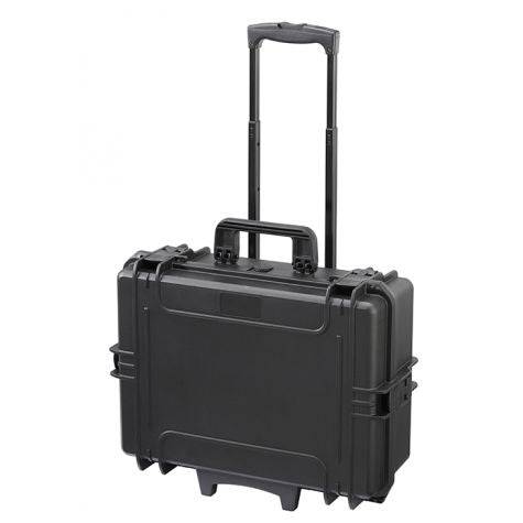The MAX505TCTR Tool Case With Wheels And Retractable Handle is a black polypropylene hard-shell case with secure latches, shown upright on white—perfect as a waterproof tool case or versatile tool storage system.