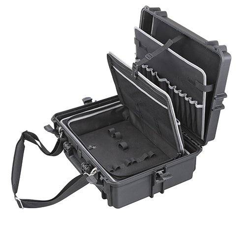 The MAX505TCTR Tool Case With Wheels And Retractable Handle features a hard-shell polypropylene design, padded compartments, and dividers—perfect for organized equipment or electronics storage and easy transport.
