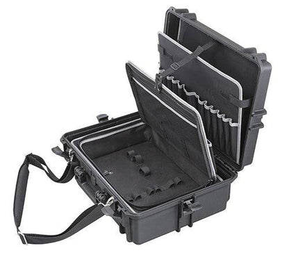 The MAX505TCTR Tool Case With Wheels And Retractable Handle features a hard-shell polypropylene design, padded compartments, and dividers—perfect for organized equipment or electronics storage and easy transport.