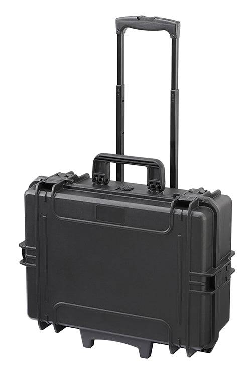 The MAX505TCTR Tool Case With Wheels And Retractable Handle is a hard-shell black polypropylene case with side latches, shown upright on a white background.