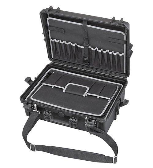 The MAX505TCTR Tool Case with wheels and a retractable handle is a black polypropylene hard-shell case featuring an open lid, interior compartments, elastic pockets, and a shoulder strap—ideal for organizing and protecting your tools.