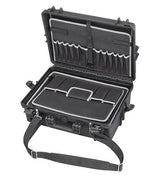 The MAX505TCTR Tool Case With Wheels And Retractable Handle features a hard-shell polypropylene design, open lid, multiple pockets and compartments, plus an attached shoulder strap—ideal for organized, durable tool transport.