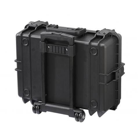 The MAX505TR With Wheels And Retractable Handle is a black hard-shell protective case with a stackable interlocking system, designed for secure transport and easy storage of equipment or valuables.