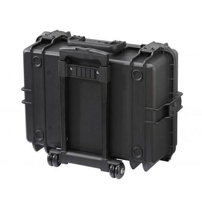 The MAX505TR With Wheels And Retractable Handle is a black hard-shell protective case with a stackable interlocking system, designed for secure transport and easy storage of equipment or valuables.