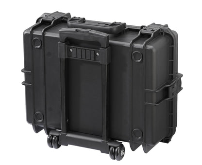 The MAX505TR With Wheels And Retractable Handle is a black hard-shell, watertight case for secure equipment transport, featuring a retractable handle, wheels, and a pressure release valve for air travel safety.