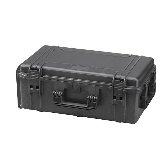 The MAX520 is a closed, hard-shell black plastic carrying case featuring a handle, secure front latches, and a pressure release valve for safety.