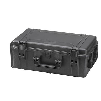 The MAX520 is a closed, hard-shell black plastic carrying case featuring a handle, secure front latches, and a pressure release valve for safety.