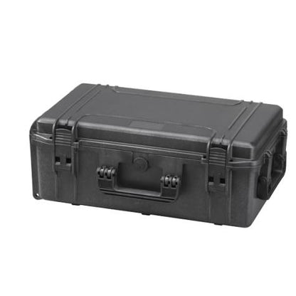 The MAX520 is a closed, hard-shell black protective carrying case with a handle, two front latches, and a pressure release valve for secure transport.