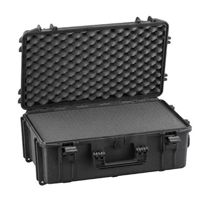 The MAX520 is a black hard-shell watertight case featuring an open lid with egg-crate foam inside, secure front latches, and a built-in pressure release valve for reliable protection.