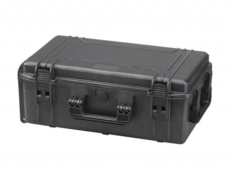 The MAX520CAM Camera Case is a closed black hard plastic case with latches and a handle, shown on a white background.