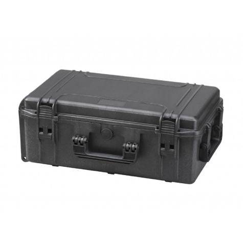 The MAX520CAM Camera Case is a black, hard plastic watertight case with a handle, secure latches, and a padded organizer, providing durable protection for photography gear, displayed on a white background.