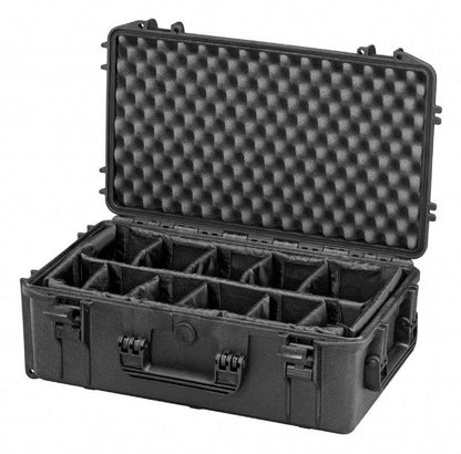 The MAX520CAM Camera Case is a hard plastic organizer with lid foam padding and interior compartments, shown open on a white background—ideal for keeping your photography gear safe.