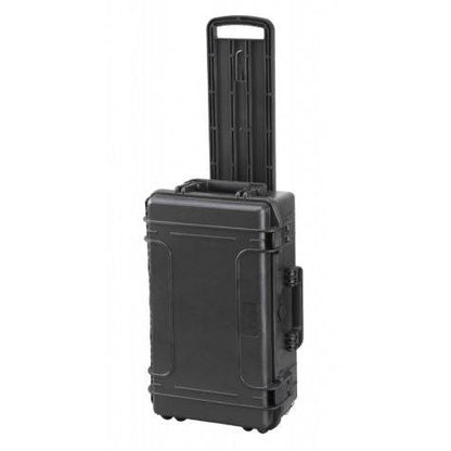 The MAX520CAMTR Camera Case features a black watertight design, positioned upright on its wheels with the retractable handle extended.