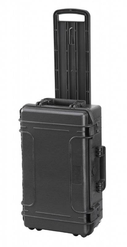 The MAX520CAMTR Camera Case with wheels and a retractable handle is a hard-shell black case, standing upright, ideal for protecting your photography gear.