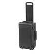 The MAX520TR With Wheels And Retractable Handle is a black hard-shell rolling case, shown upright on its wheels, featuring a watertight design and a pressure release valve for enhanced protection.