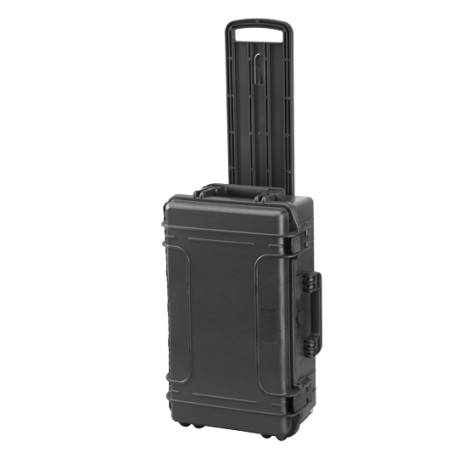 The MAX520TR With Wheels And Retractable Handle is a black hard-shell rolling case, shown upright on its wheels, featuring a watertight design and a pressure release valve for enhanced protection.
