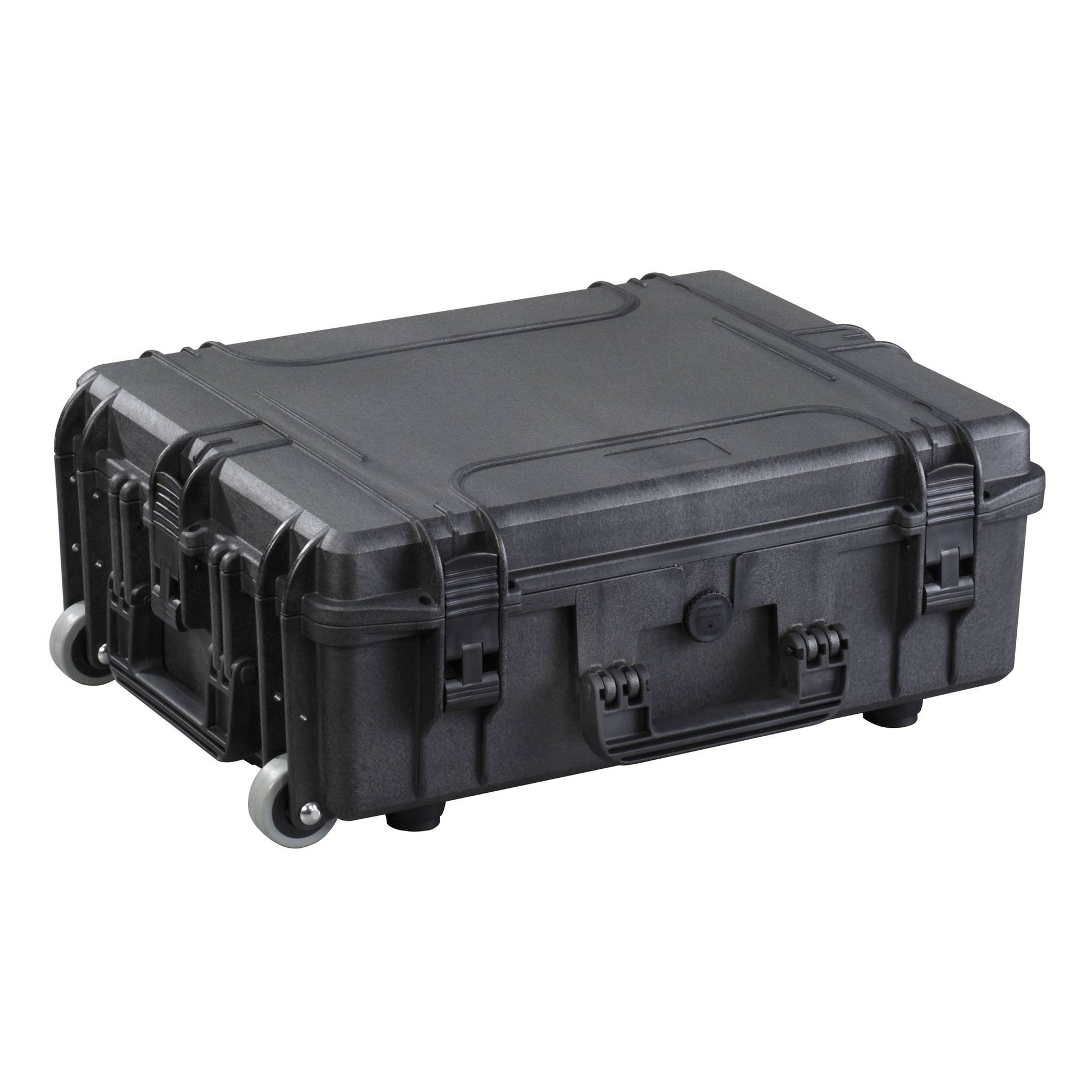 The MAX540H190TR is a large black hard-shell, watertight case with wheels, a retractable handle, secure latches, and a pressure release valve, shown on a white background.