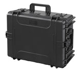 The MAX540H245 is a hard black plastic watertight case with a handle, secure latches, and reinforced edges, shown closed against a white background.