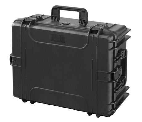 The MAX540H245 is a hard black plastic watertight case with a handle, secure latches, and reinforced edges, shown closed against a white background.