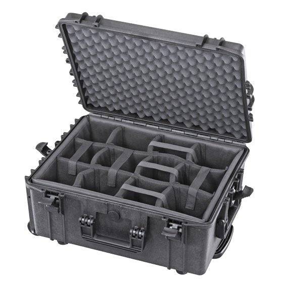 The MAX540H245CAMTR Camera Case With Wheels and Retractable Handle is a black polypropylene case with foam padding and adjustable interior dividers, shown open and empty.