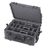 The MAX540H245CAMTR Camera Case With Wheels and Retractable Handle is a black polypropylene case with foam padding and adjustable interior dividers, shown open and empty.