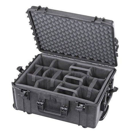 The MAX540H245CAMTR Camera Case With Wheels and Retractable Handle is a black polypropylene case with foam padding and adjustable interior dividers, shown open and empty.