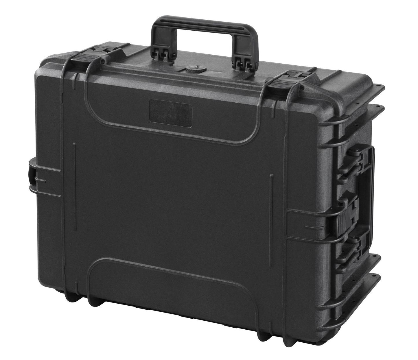 The MAX540H245CAMTR Camera Case With Wheels and Retractable Handle is a black polypropylene protective case, shown closed on a white background, featuring secure latches and a carrying handle.