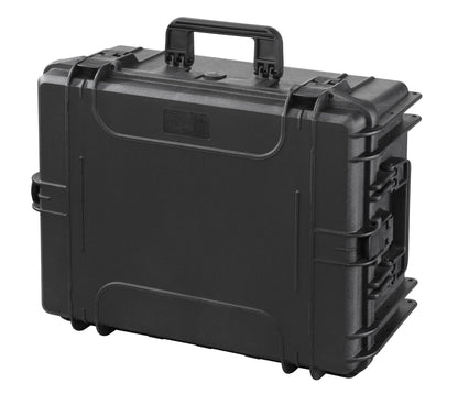 The MAX540H245CAMTR Camera Case With Wheels and Retractable Handle is a black polypropylene protective case, shown closed on a white background, featuring secure latches and a carrying handle.