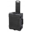The MAX540H245CAMTR Camera Case features a black polypropylene hard shell, wheels, and a retractable handle. It is shown standing upright on its wheels.