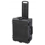 The MAX540H245CAMTR Camera Case features a black polypropylene hard shell, wheels, and a retractable handle. It is shown standing upright on its wheels.