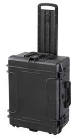 The MAX540H245TR With Wheels And Retractable Handle is a black hard-shell rolling suitcase shown upright with its handle extended.
