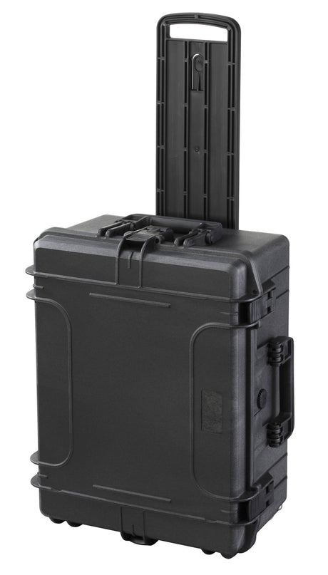 The MAX540H245TR With Wheels And Retractable Handle is a black hard-shell rolling suitcase shown upright with its handle extended.