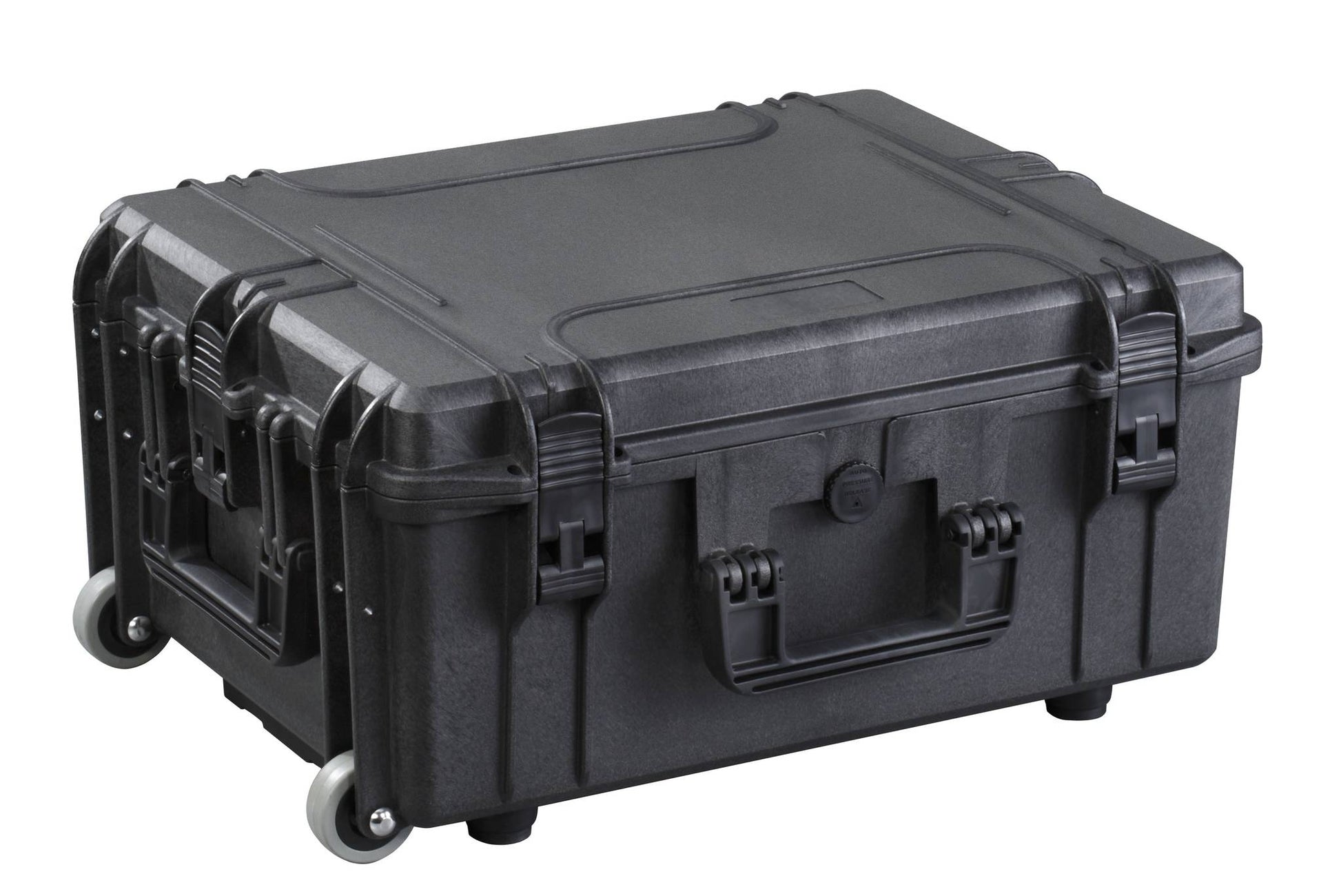 The MAX540H245TR is a large, hard-shell black rolling equipment case with a retractable handle, secure latches, wheels, and a stackable interlocking system, shown on a white background.