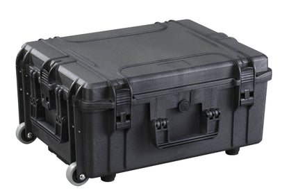 The MAX540H245TR is a large, hard-shell black rolling equipment case with a retractable handle, secure latches, wheels, and a stackable interlocking system, shown on a white background.