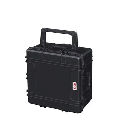 The MAX615 is a black hard plastic carrying case with a handle, secure latches, and a red and white MAX label on the front. This watertight case protects your items from dust and moisture.