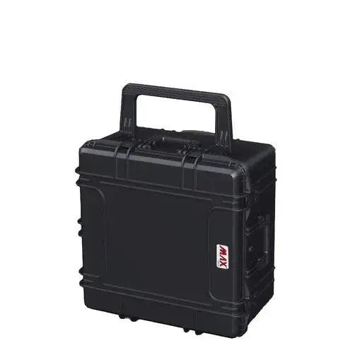 The MAX615 is a black hard plastic carrying case with a handle, secure latches, and a red and white MAX label on the front. This watertight case protects your items from dust and moisture.