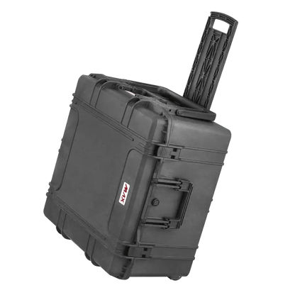The MAX615TR With Wheels And Retractable Handle is a hard-shell black rolling case with a telescopic handle extended and a pressure release valve, displayed at an angle on a white background.