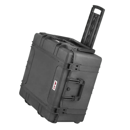 The MAX615TR With Wheels And Retractable Handle is a hard-shell black rolling case with a telescopic handle extended and a pressure release valve, displayed at an angle on a white background.