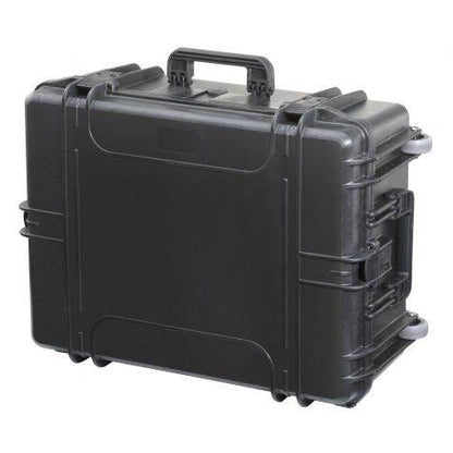 The MAX620H250, a black hard-shell watertight case with secure latches, handle, and pressure release valve, is shown closed against a plain background.