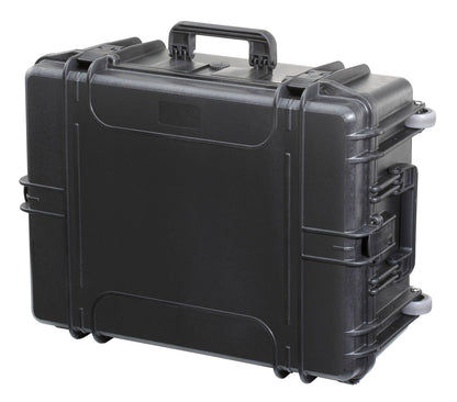 The MAX620H250TR is a black hard plastic watertight case with wheels, a retractable handle, secure latches, and pad lockable design, shown standing upright on a white background.
