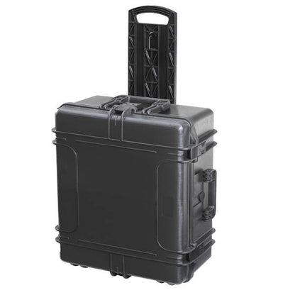 The MAX620H250TR With Wheels And Retractable Handle is a black watertight hard-shell rolling case featuring a pressure release valve, an extended telescopic handle, and upright two-wheel design.