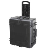 The MAX620H250TR With Wheels And Retractable Handle is a black, hard-shell, pad-lockable rolling case, shown upright on its wheels with the handle extended. This watertight case is designed for secure storage and travel.