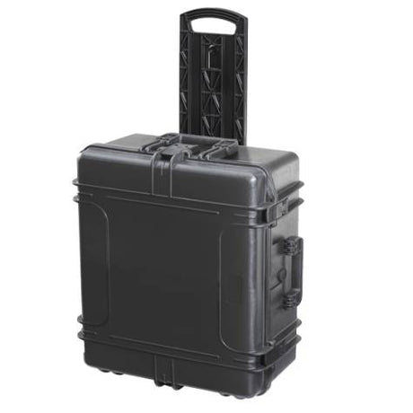 The MAX620H250TR With Wheels And Retractable Handle is a black, hard-shell, pad-lockable rolling case, shown upright on its wheels with the handle extended. This watertight case is designed for secure storage and travel.