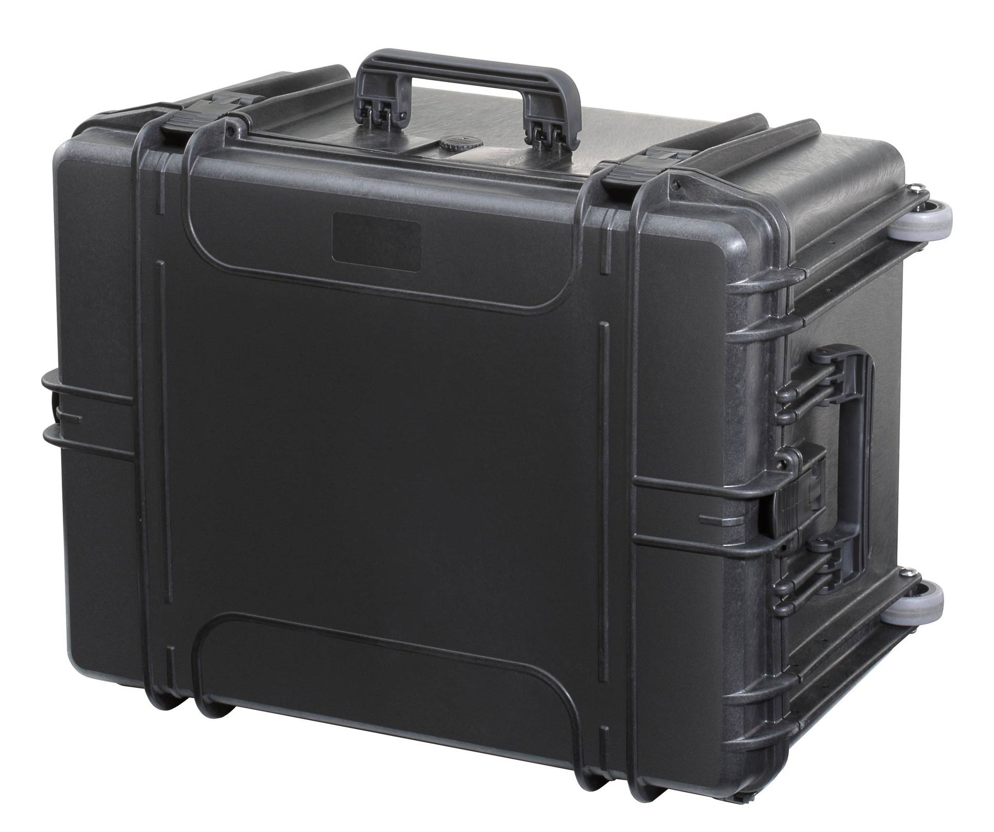 The MAX620H340 is a large, hard-shell black case with top handle, reinforced corners, latches, and padlock holes, designed to securely transport equipment.